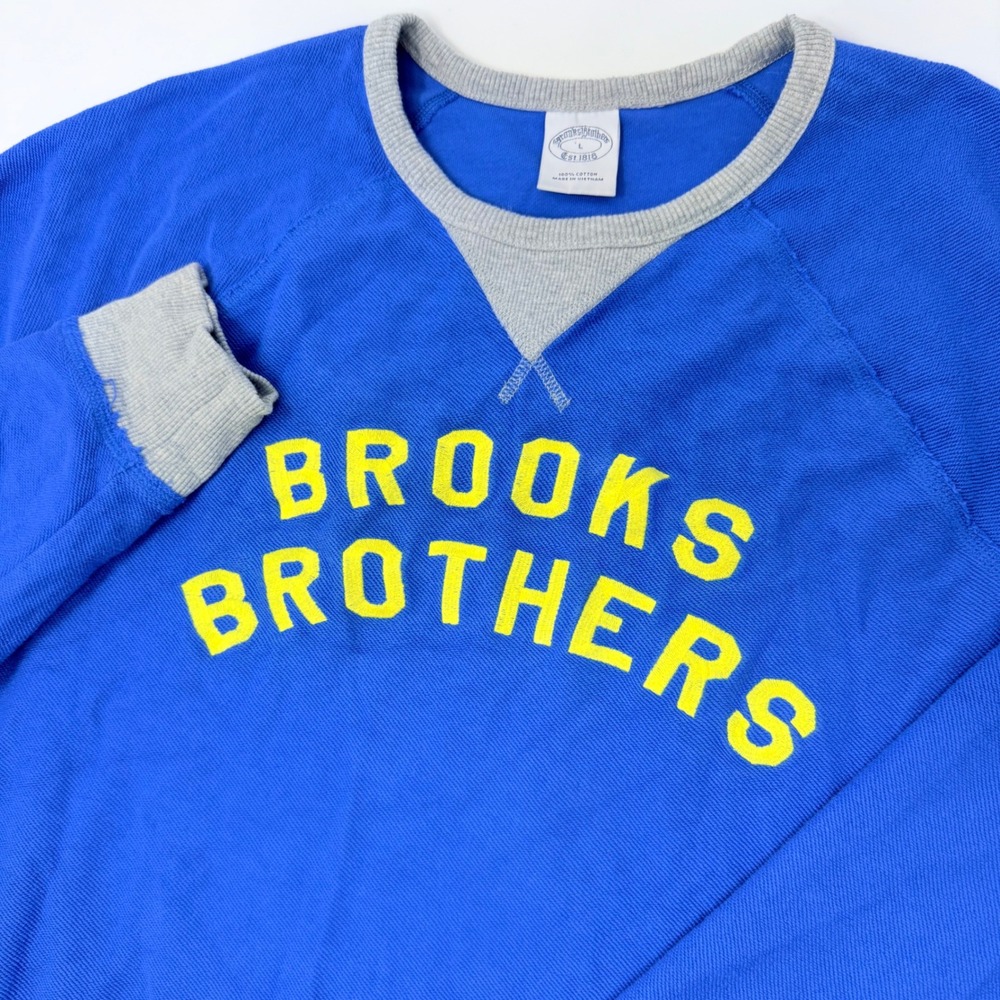 Brooks Brothers Mens Large Blue‎ Cotton Graphic Logo Sweatshirt Raglan Gray Trim